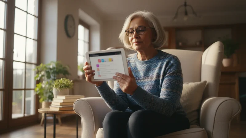 A confident senior woman, 65, thoughtfully scrutinizing a generic tablet screen displaying a blurred social media feed, in warm morning light.