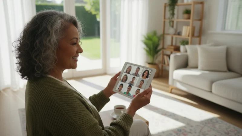 An over-the-shoulder view of a senior woman, 70s, video calling with family on a tablet in a sunlit living room, smiling happily.