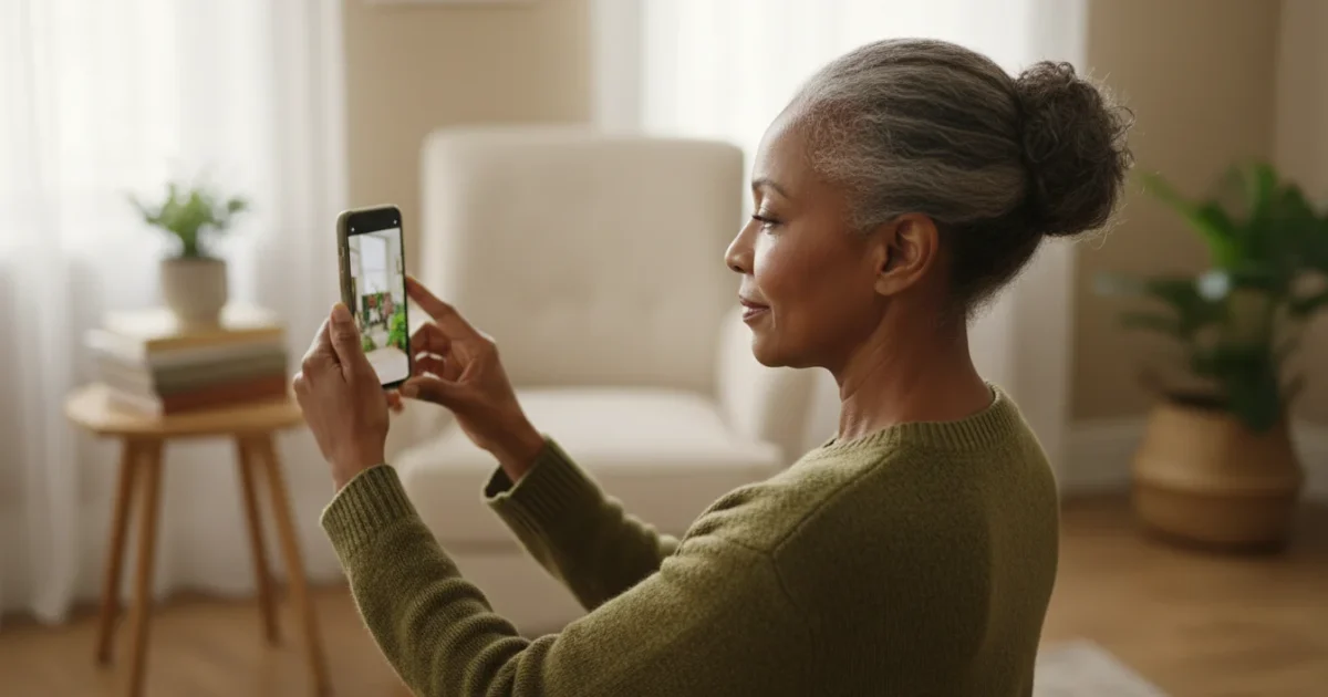 An over-the-shoulder view of a senior woman holding a smartphone, ready to take a photo. Soft natural light fills a warm home interior.