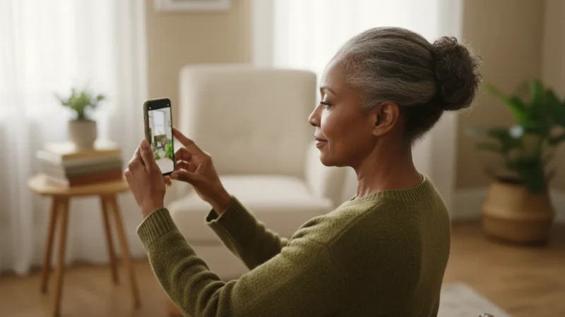 An over-the-shoulder view of a senior woman holding a smartphone, ready to take a photo. Soft natural light fills a warm home interior.
