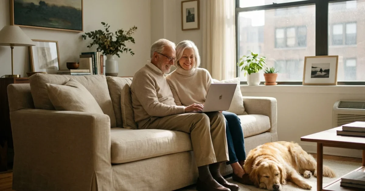 A senior couple looking at a laptop together in a bright, sunlit living room.