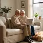 A senior couple looking at a laptop together in a bright, sunlit living room.