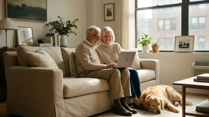 A senior couple looking at a laptop together in a bright, sunlit living room.