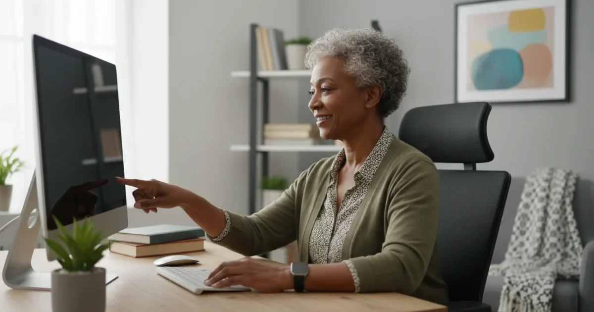 An African American senior woman smiling confidently as she presses the power button of a desktop computer in a warm, well-lit home office.
