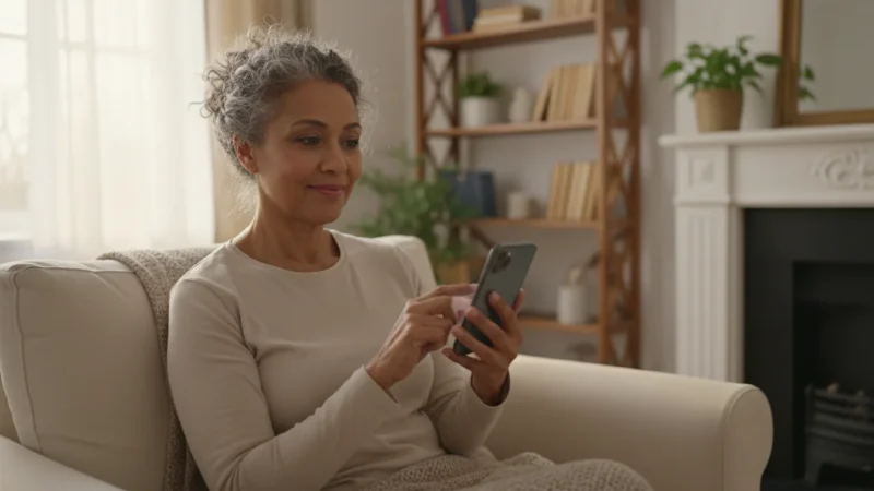 An over-the-shoulder view of a confident senior woman holding a smartphone, with her finger near the screen, in a warm, sunlit living room.