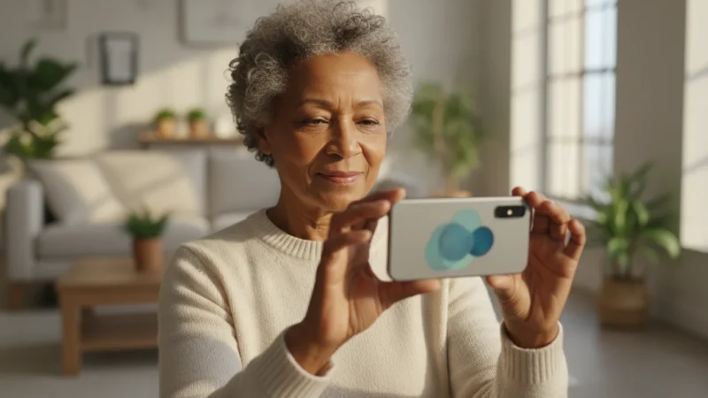 An older Black woman in her 60s-70s holds a generic smartphone and smiles confidently while looking at its screen, lit by warm natural light in a home.