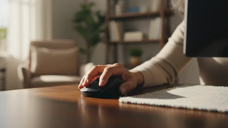 A senior woman's hand confidently rests on a generic computer mouse at a desk, bathed in soft morning light, demonstrating ease of use.
