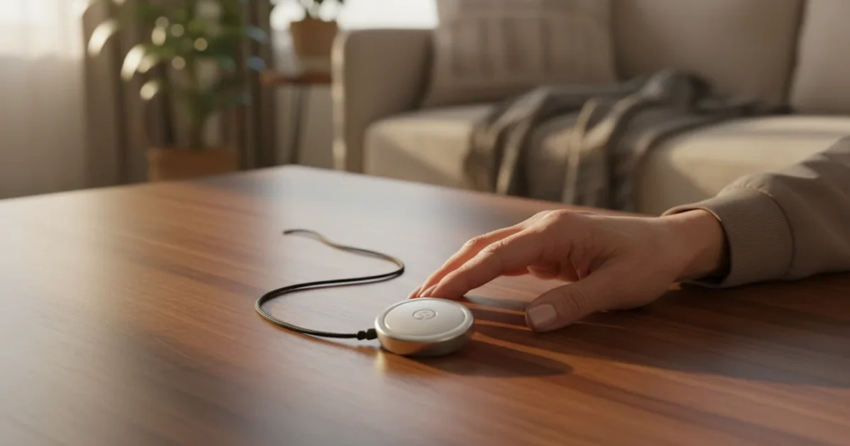 A senior's hand gently rests on a generic white medical alert pendant on a wooden table, bathed in warm golden hour light.