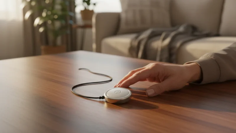 A senior's hand gently rests on a generic white medical alert pendant on a wooden table, bathed in warm golden hour light.