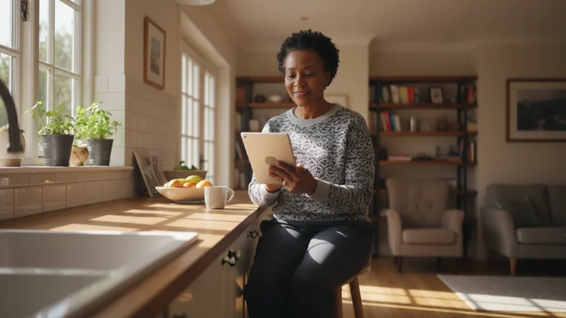 An older African American woman confidently uses a tablet in a warm home setting, with atmospheric lighting, representing secure online engagement.