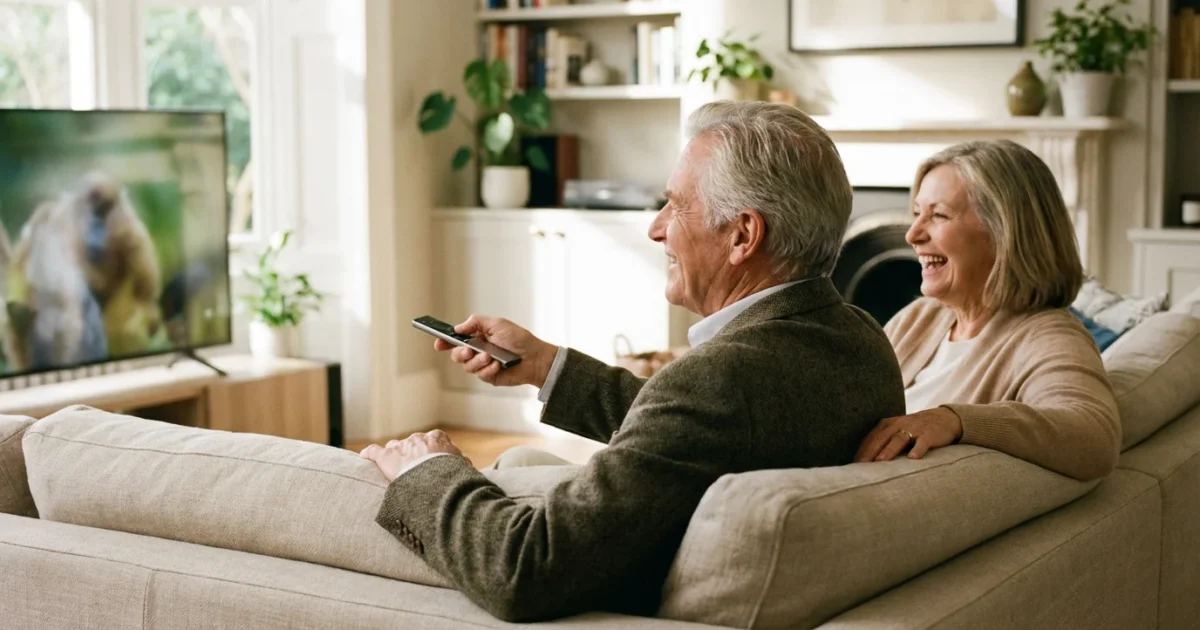 A senior couple smiling while using a modern smart TV remote in a bright, cozy living room.