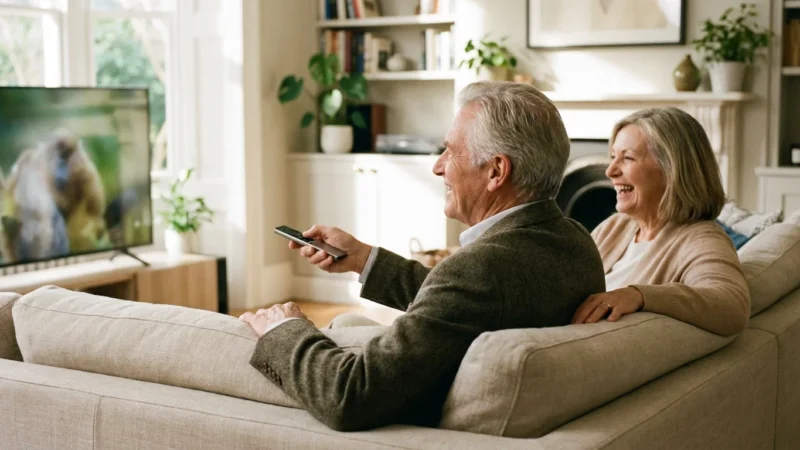 A senior couple smiling while using a modern smart TV remote in a bright, cozy living room.