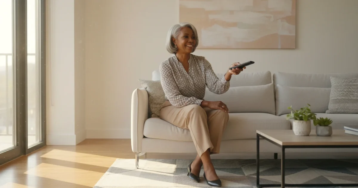 A confident senior African American woman smiles while holding a streaming remote in a bright living room.