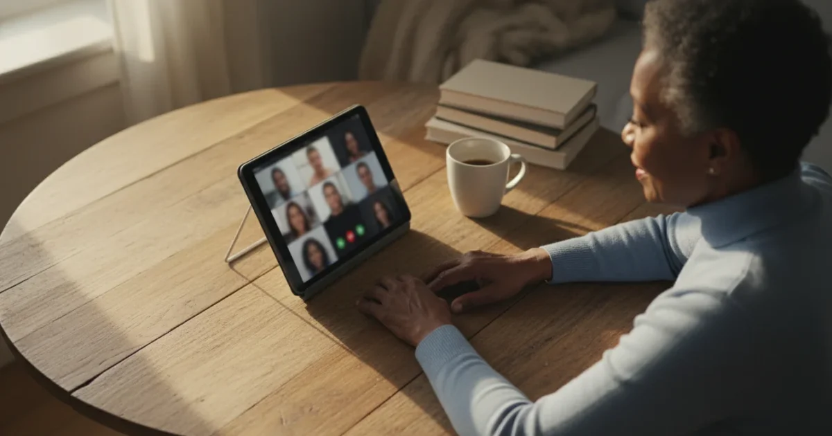 High-angle view of a senior African American woman using a tablet on a stand for a video call, hands resting, with warm lighting.