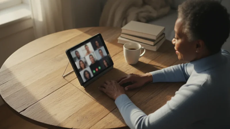 High-angle view of a senior African American woman using a tablet on a stand for a video call, hands resting, with warm lighting.