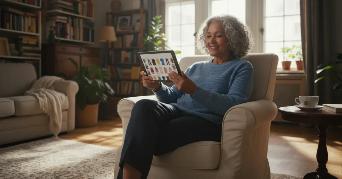 A senior woman (60s-70s) smiles confidently while using a tablet for online shopping in a cozy living room, bathed in warm, natural light.