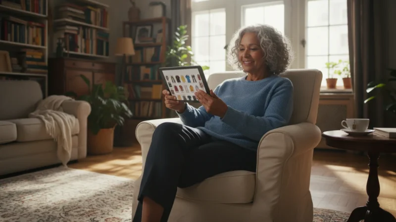 A senior woman (60s-70s) smiles confidently while using a tablet for online shopping in a cozy living room, bathed in warm, natural light.
