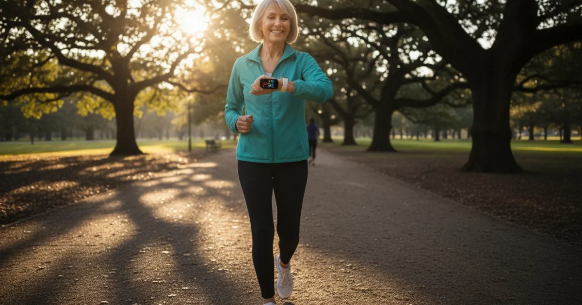 A confident older woman in her 70s smiles while looking at her generic smartwatch on her wrist during a walk in a park with moody shadows.