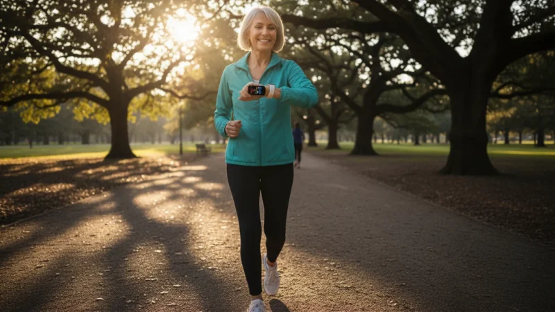 A confident older woman in her 70s smiles while looking at her generic smartwatch on her wrist during a walk in a park with moody shadows.