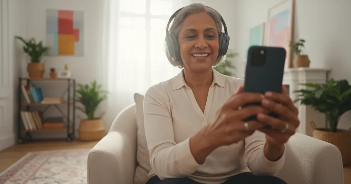 A confident senior woman with a warm smile, wearing Bluetooth headphones and holding a smartphone in a brightly lit living room.