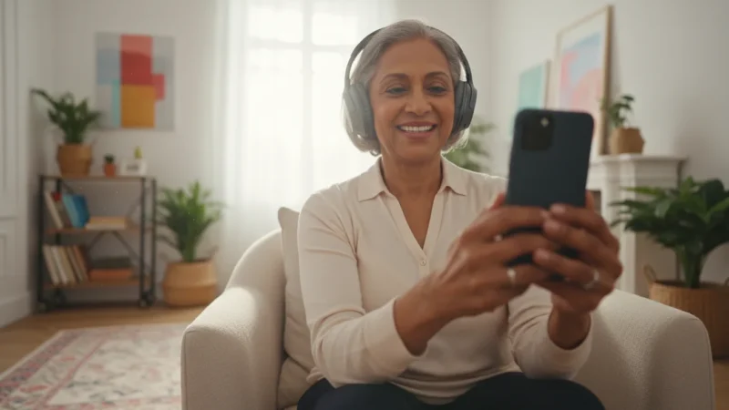 A confident senior woman with a warm smile, wearing Bluetooth headphones and holding a smartphone in a brightly lit living room.