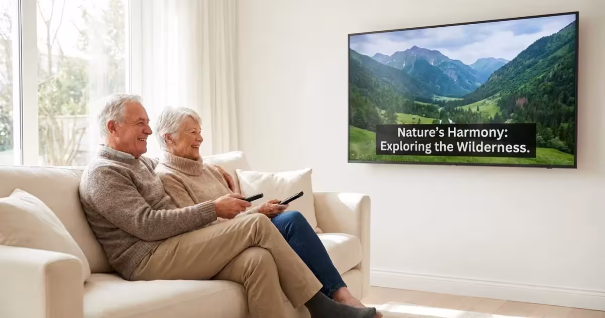 A senior couple relaxes on a sofa watching a TV with clear closed captions.