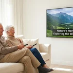 A senior couple relaxes on a sofa watching a TV with clear closed captions.
