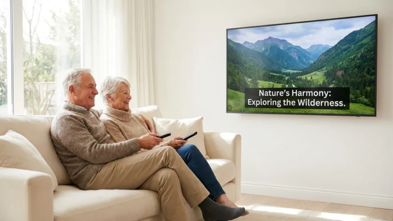 A senior couple relaxes on a sofa watching a TV with clear closed captions.