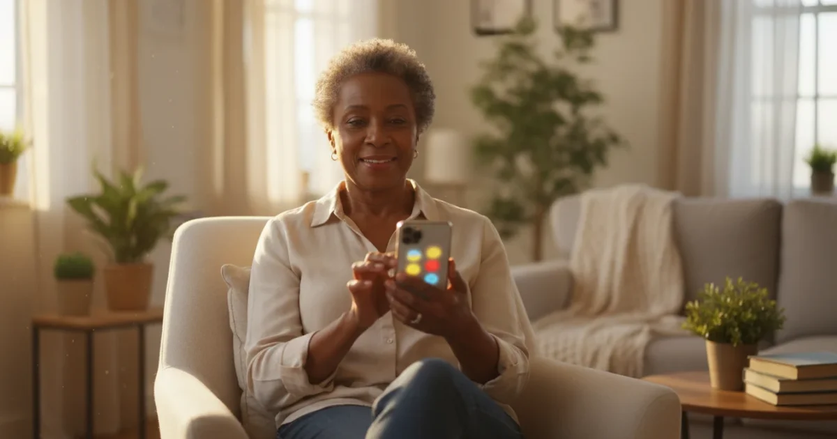 A smiling African American senior woman in her 60s uses a smartphone in a warm living room during golden hour. Her phone screen shows blurred, colorful emoji shapes.