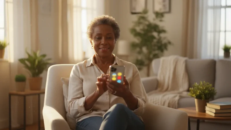 A smiling African American senior woman in her 60s uses a smartphone in a warm living room during golden hour. Her phone screen shows blurred, colorful emoji shapes.