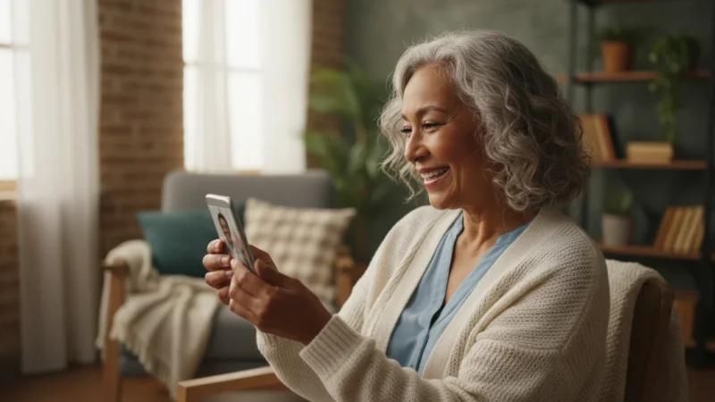 A senior woman, seen from over her shoulder, smiling warmly at a smartphone screen during a video call in a cozy, naturally lit living room.