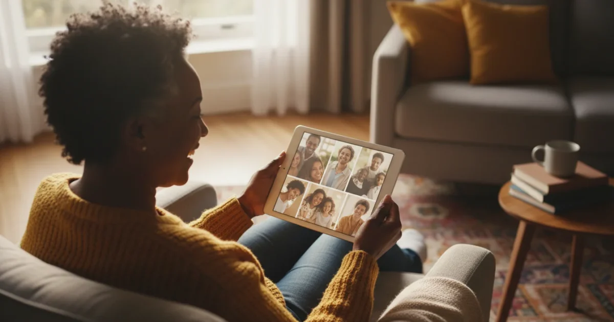 Over-the-shoulder view of an African American senior woman smiling while holding a tablet in a sunny living room, viewing images of loved ones.