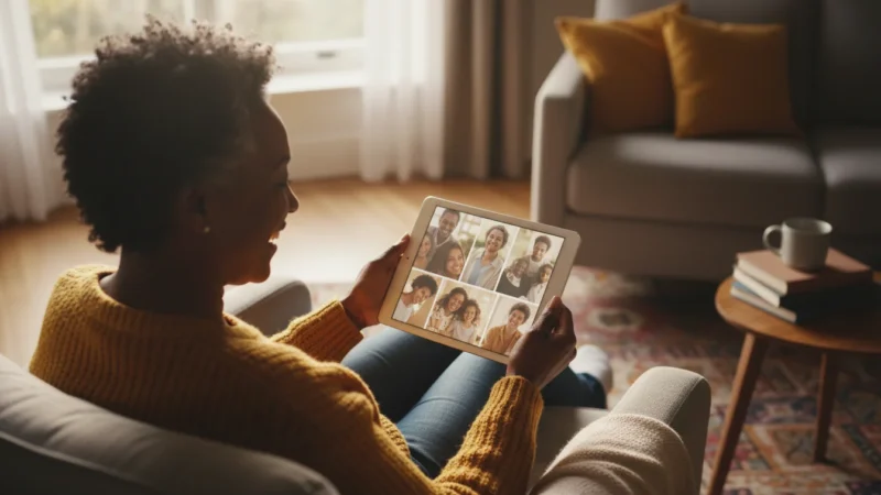 Over-the-shoulder view of an African American senior woman smiling while holding a tablet in a sunny living room, viewing images of loved ones.