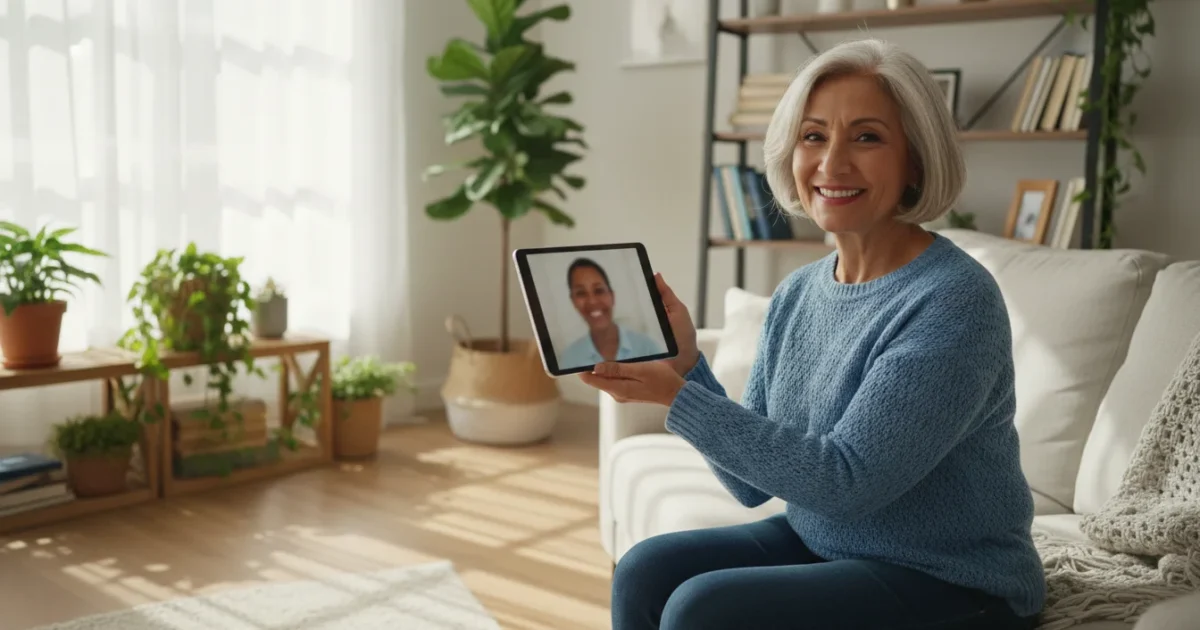 A smiling Hispanic senior woman uses a tablet for a video call in a brightly lit living room. The tablet screen shows a blurred face, and plants are visible in the background.