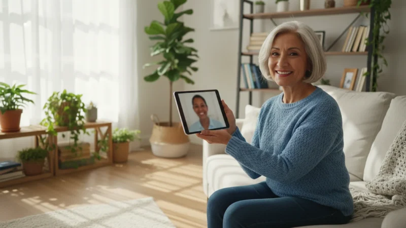 A smiling Hispanic senior woman uses a tablet for a video call in a brightly lit living room. The tablet screen shows a blurred face, and plants are visible in the background.