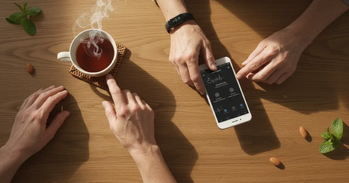 A senior's hands, with a generic fitness tracker on one wrist, gently interact with a smartphone and the tracker, laid out on a wooden table with a cup of tea, bathed in warm golden light.