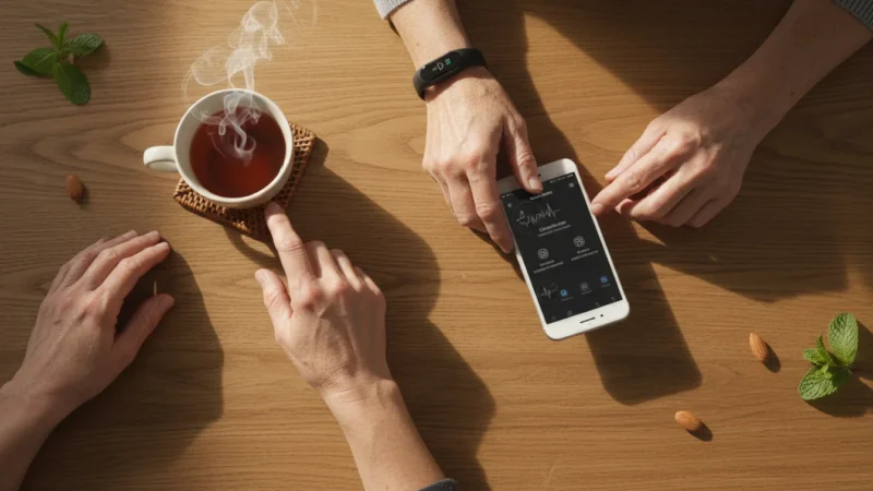 A senior's hands, with a generic fitness tracker on one wrist, gently interact with a smartphone and the tracker, laid out on a wooden table with a cup of tea, bathed in warm golden light.