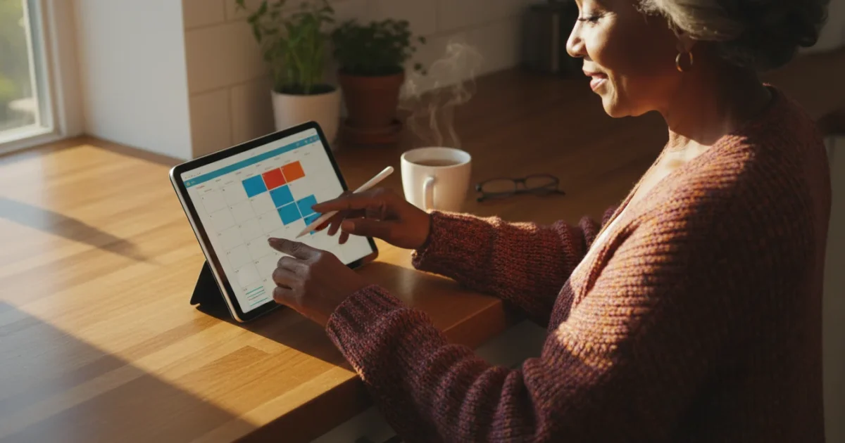 A senior African American woman, seen over her shoulder, confidently uses a tablet to organize a digital calendar in warm, golden hour light.
