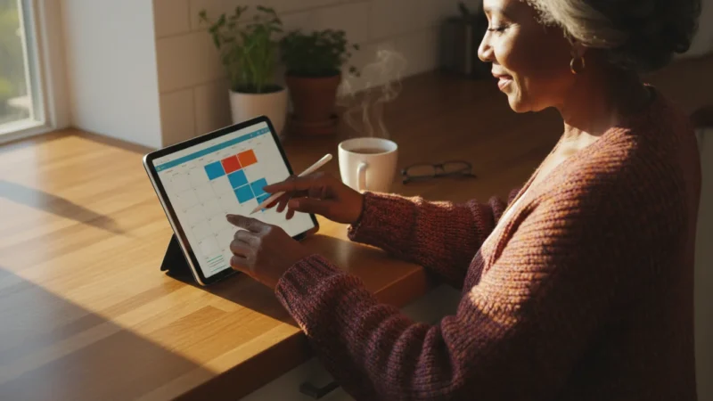 A senior African American woman, seen over her shoulder, confidently uses a tablet to organize a digital calendar in warm, golden hour light.