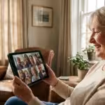A grandmother smiling at a video call on her tablet with her family in a bright, cozy living room.