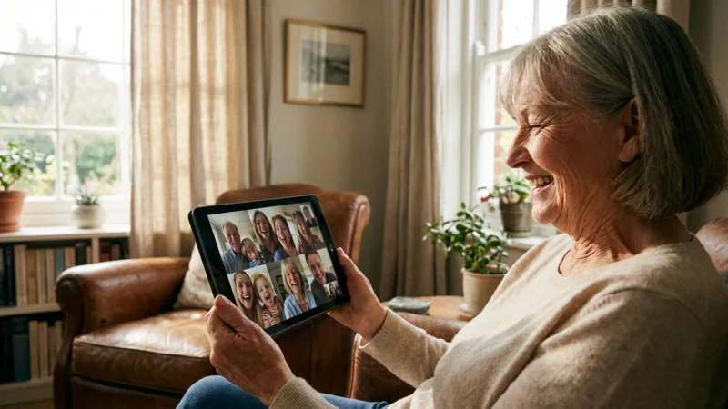 A grandmother smiling at a video call on her tablet with her family in a bright, cozy living room.