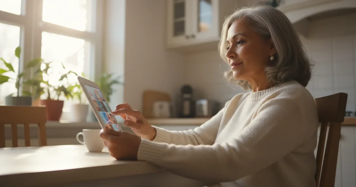 A confident senior woman with a warm smile uses a tablet at a sunlit kitchen table, organizing digital photos. Her face is illuminated by natural light.