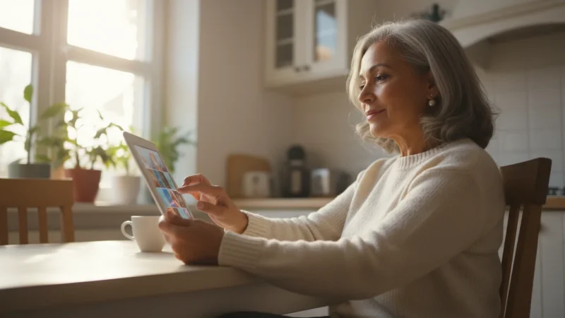 A confident senior woman with a warm smile uses a tablet at a sunlit kitchen table, organizing digital photos. Her face is illuminated by natural light.