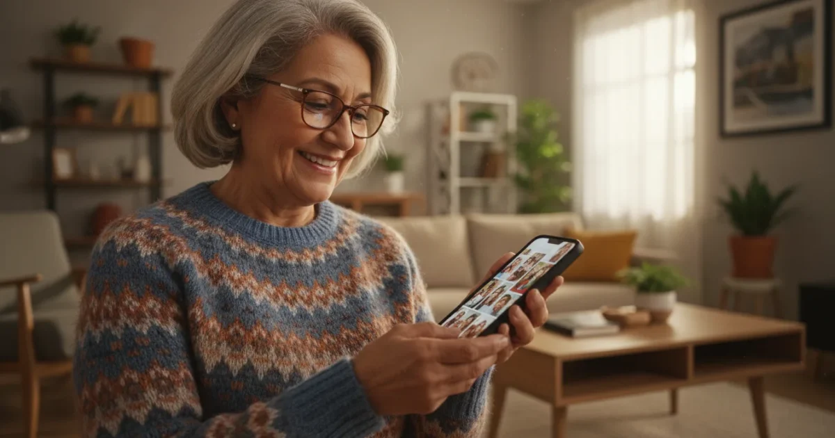 A joyful senior woman holding a smartphone, looking at family photos on the screen with a warm smile in golden hour light.