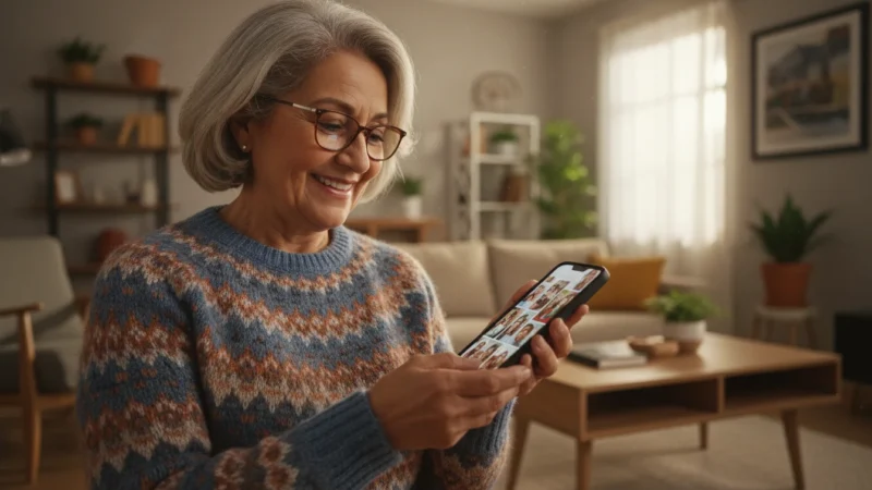 A joyful senior woman holding a smartphone, looking at family photos on the screen with a warm smile in golden hour light.