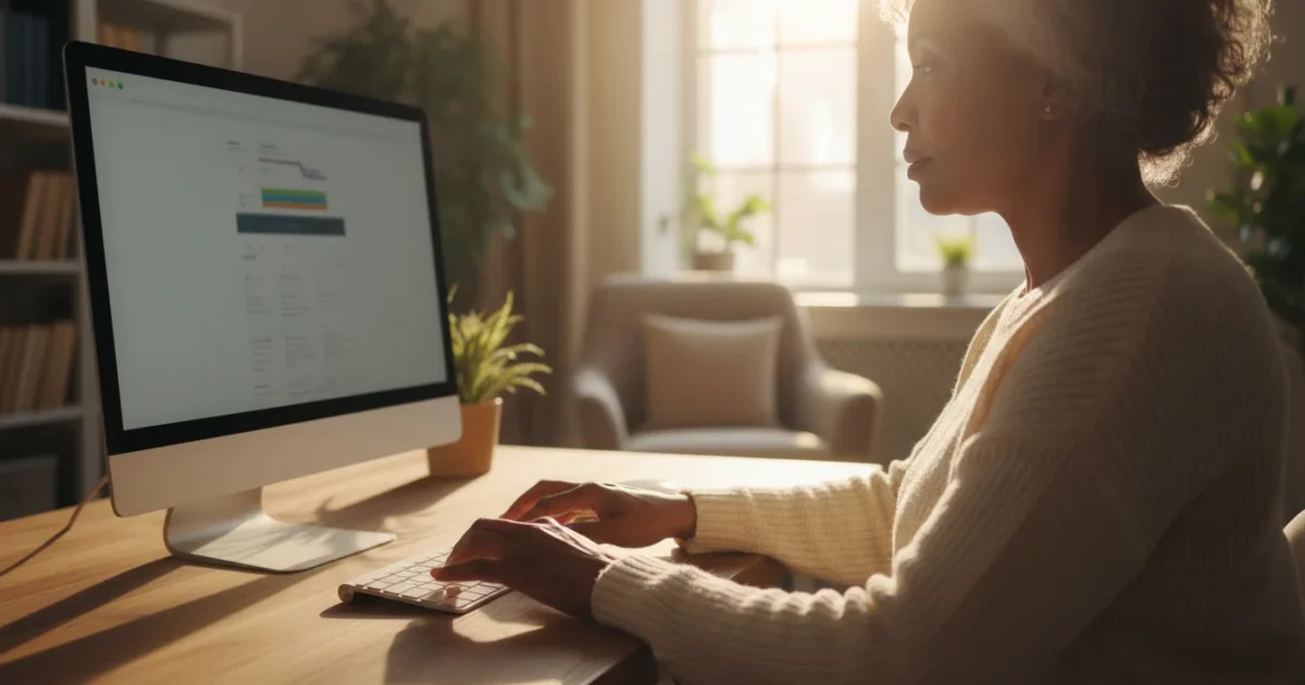 Over-the-shoulder view of an older African American woman confidently typing on a keyboard, with soft golden hour light filling a home office.