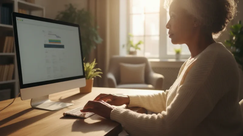 Over-the-shoulder view of an older African American woman confidently typing on a keyboard, with soft golden hour light filling a home office.