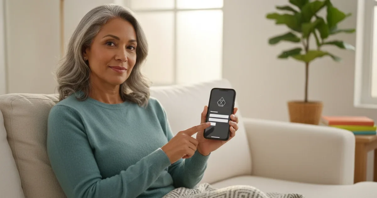 A smiling diverse senior, 60s, confidently holds a generic smartphone, using a banking app in a warm, sunlit living room.
