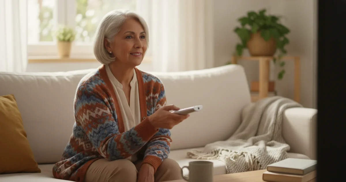 A confident senior woman (60s) with a gentle smile, holding a generic TV remote control while sitting on a comfortable sofa in a bright living room, bathed in soft morning light.