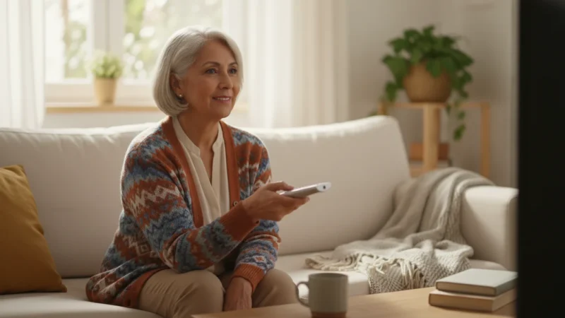 A confident senior woman (60s) with a gentle smile, holding a generic TV remote control while sitting on a comfortable sofa in a bright living room, bathed in soft morning light.